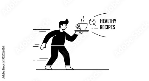 A person proudly presents a steaming cup of coffee or tea, symbolizing comfort, relaxation, and a warm beverage moment, with the text "HEALTHY RECIPES" subtly hinting at culinary inspiration