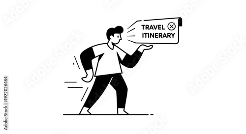 Man holding a travel itinerary tag with a cross mark on it, illustrating canceled or postponed trip plans in a minimalist outline style