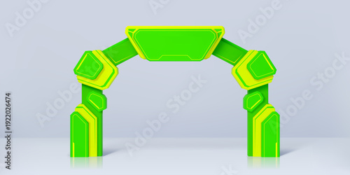 Modern exhibition green and yellow event arch or entrance gate mockup, vector 3D template. Event arch for exhibition or expo entry archway in acid colors for futuristic or technology style entrance