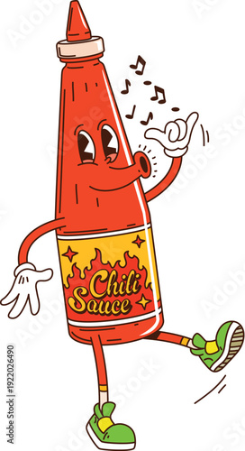 Cartoon funky groovy chili sauce character with funny face and smile, comic vector. Groovy character of spicy pepper chili sauce bottle whistling a song, melody notes, and walking in hipster shoes