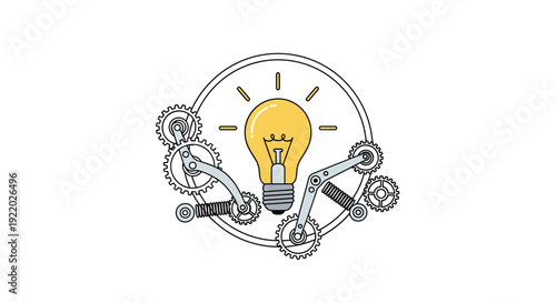 A bright glowing lightbulb is centrally positioned, surrounded by intricate mechanical gears and articulated arms within a subtle circular outline.