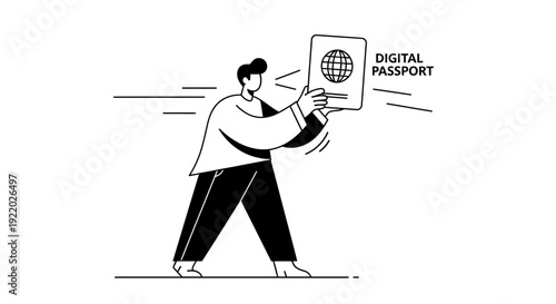 Person holding a digital passport with globe on it, representing travel, identity, and technology with lines indicating movement and speed, minimal illustration style