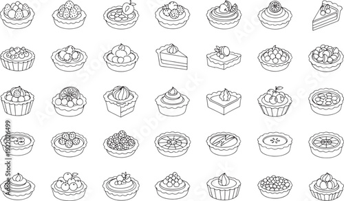 Collection of black and white line of various fruit and cream tarts and pies cake dessert pastry