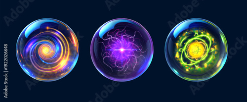 3d magic ball spheres with neon glow and magical cores inside. Fiery spiral, vibrant plasma burst and glowing atomic formation enchanted crystal spheres. Vector glowing wizard orbs with swirl energy