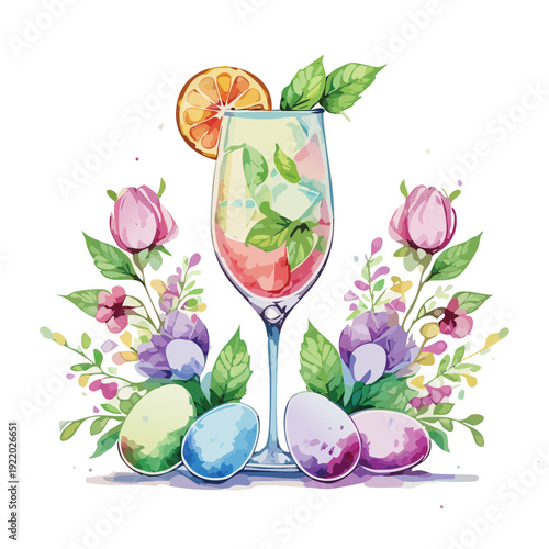 Easter Spring Cocktail Vector Illustration – Pastel Floral Drink with Colorful Eggs Design