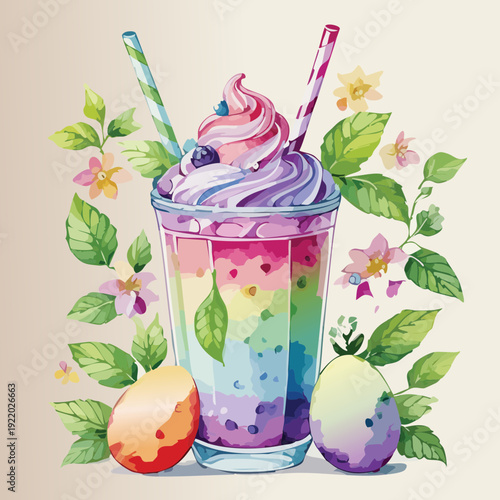 Easter Rainbow Milkshake Vector Illustration – Cute Pastel Spring Floral Drink Design