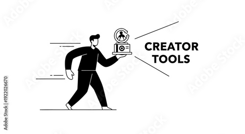 Illustrator of a person holding a trophy representing creator tools, a symbol of achievement and recognition in the creative industry for artists and content makers