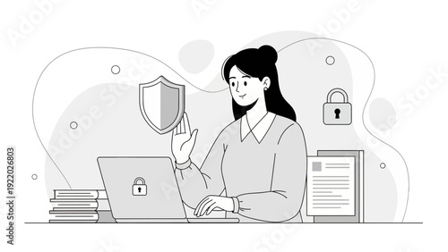 Woman protecting data with shield, secure online work, cybersecurity concept