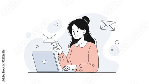 Woman sending emails on laptop with envelopes floating around