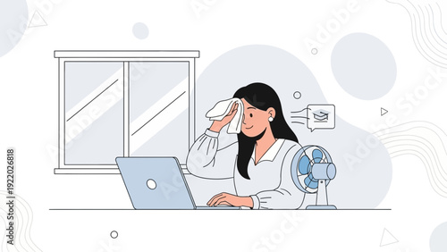 Woman sweating while working on laptop with fan blowing