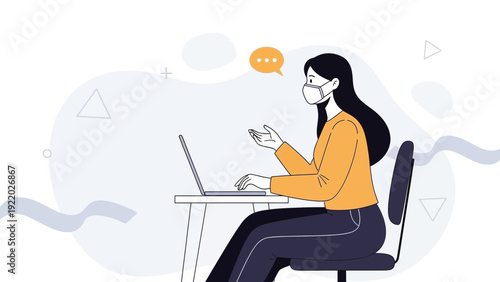 Woman wearing mask working on laptop, online communication, remote work concept
