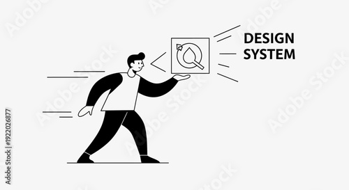 Illustration of a person presenting a digital design system icon with lines extending to the words 'Design System'