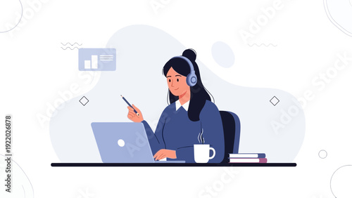 Woman with headphones learning online with laptop, online education concept