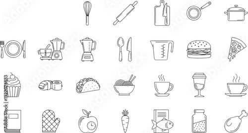 Collection of black and white outline for cooking food and kitchen utensils