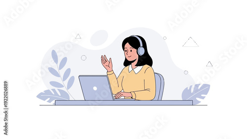 Woman with headphones waving on video call with laptop, remote work illustration