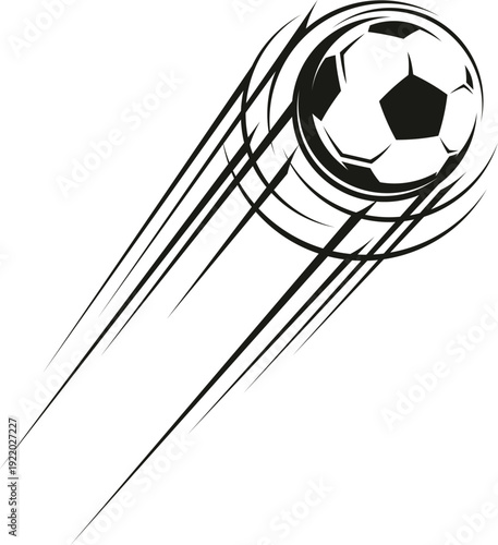 Football soccer game ball shoot motion trail symbol. Sport game ball shoot long motion graphic element, football kick vector trace. Soccer shoot trail black emblem or symbol