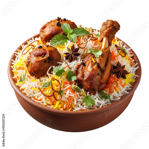 A delicious and aromatic bowl of chicken biryani garnished with fresh herbs and spices