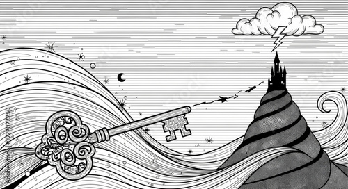 Key Reaching Mountain Peak, Symbolic of Achievement and Success, Illustration.