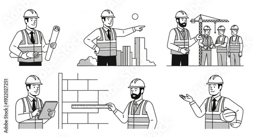 Construction workers in safety vests and helmets at a building site.