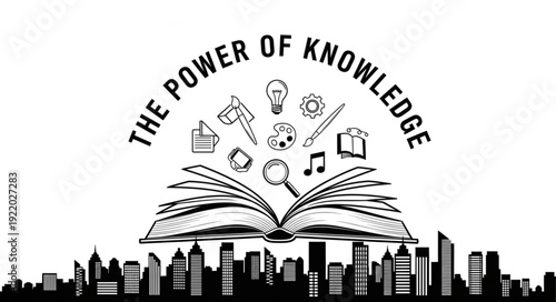 The Power of Knowledge - An Open Book with Symbols of Learning and Discovery.