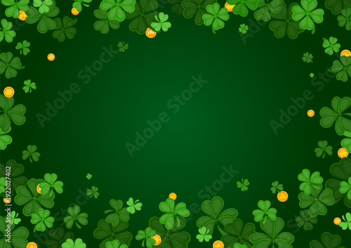 Shamrock clover and golden coins frame for Happy St Patrick's day decoration on vector green background. Saint Patrick day Irish holiday frame of trefoil clover leaves and leprechaun gold money coins