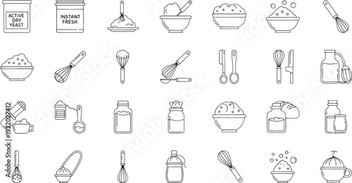 Baking ingredients and tools line including yeast flour milk and whisks line yeast