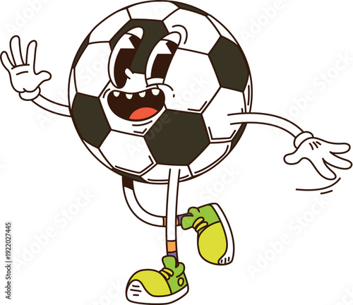 Cartoon groovy soccer ball or football sport hippie character, comic vector. Groovy football ball with funny face and silly smile, with quirky trippy expression for y2k funky soccer sport emoji