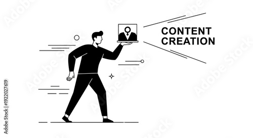 Abstract illustration of a man holding a laptop with a profile picture on the screen symbolizing content creation and digital media production concept