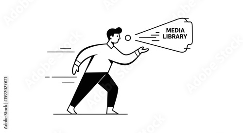Person reaching out from a hurry, conveying a message about a media library, symbolizing communication and access to information in a dynamic and modern graphic style