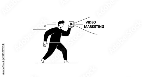 Video marketing strategy with person holding play button icon in hand and the text "VIDEO MARKETING" written next to it on white background