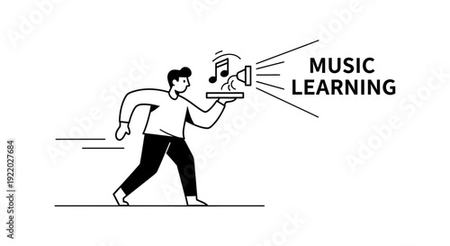 Man holding a speaker with the words MUSIC LEARNING emanating from it, symbolizing the dissemination and acquisition of musical knowledge through education and practice