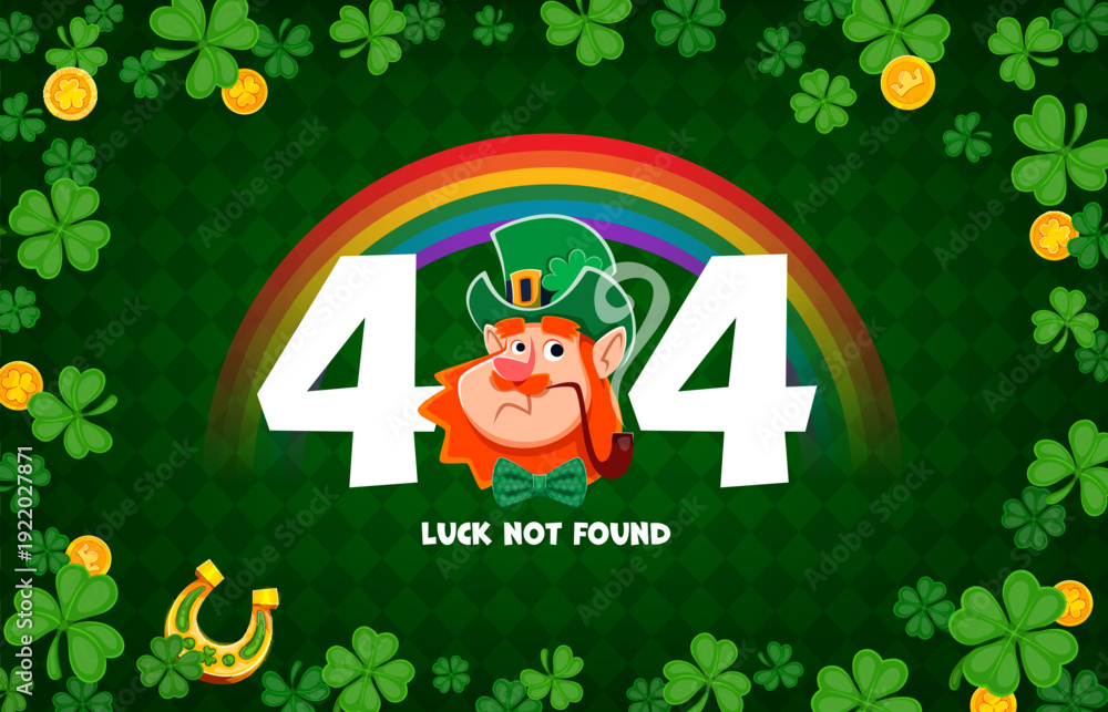 Fototapeta premium 404 page not found with Happy St Patrick's day holiday leprechaun, shamrock clover and golden coins, vector background. 404 page not found or webpage error with funny leprechaun, rainbow and horseshoe