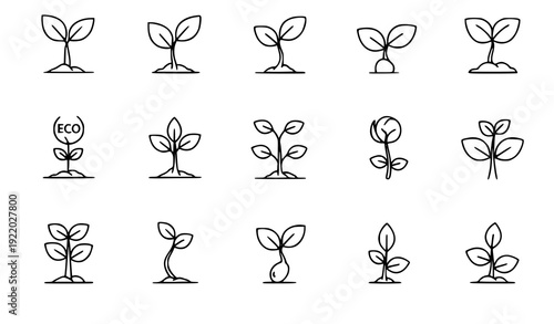 Sprout Thin Line Icon Set – Minimal Eco Growth Outline Symbols