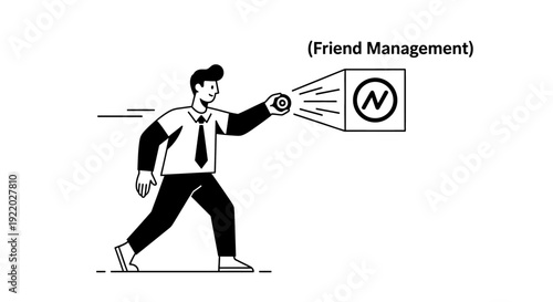 Illustration of a man shining a flashlight on a box labeled 'Friend Management' indicating a focus on understanding and organizing social connections for better relationships and personal growth