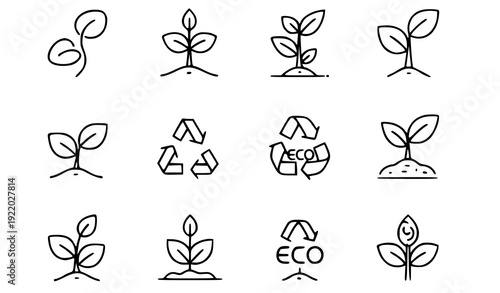 Minimal Sprout Outline Icons – Thin Line Eco & Agriculture Vector Set