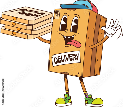 Cartoon groovy parcel box character with pizza delivery, vector funny emoji. Funky groovy parcel box in delivery hat with pizza boxes and silly freaky tongue out smile as cargo or mail post character