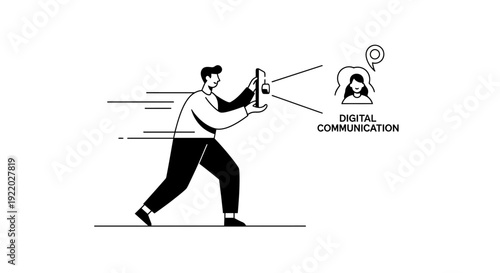 Digital communication concept showing a man holding a smartphone with a digital signal connecting to another person, representing online interaction and connectivity