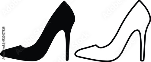 Black silhouette and outline drawing of elegant high-heeled pump shoes, a classic symbol of women's fashion and style.