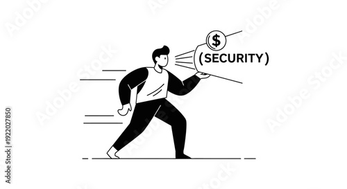Person running with a spear labeled 'security' and a dollar sign on the tip, symbolizing the pursuit of financial security and protection against economic threats in a dynamic world