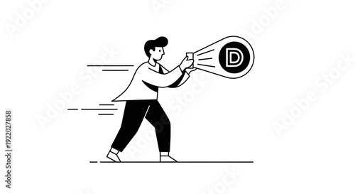 Man projecting a spotlight on a large circular icon with the letter D inside, representing focus, attention, or a spotlight on something specific