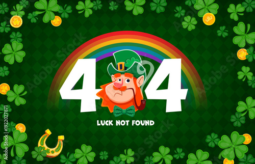 404 page not found with Happy St Patrick's day holiday leprechaun, shamrock clover and golden coins, vector background. 404 page not found or webpage error with funny leprechaun, rainbow and horseshoe