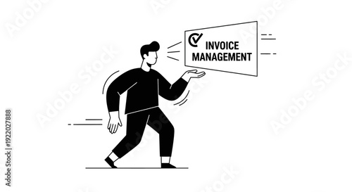 Business illustration of a man holding a sign promoting efficient invoice management and streamlined financial processes for enhanced productivity and cost savings
