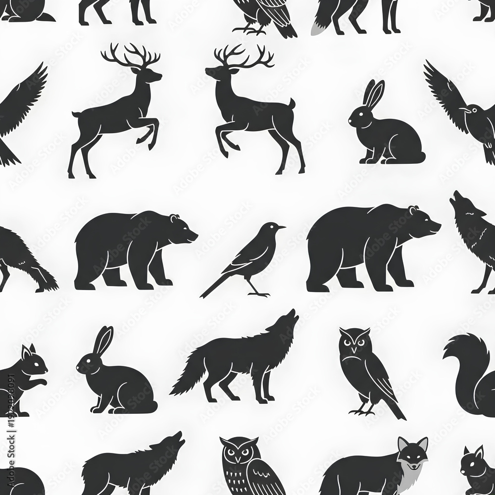 Obraz premium Seamless Pattern of Forest Animals Silhouettes 7.