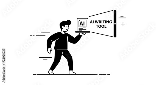 Man holding a laptop showcasing an AI writing tool, highlighting innovation and the future of content creation through artificial intelligence technology