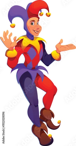 Cartoon casino gambling game jester character. Casino entertainment and play, fortune and luck chance vector character. Gambling game joker personage, harlequin in purple and red costume with bells