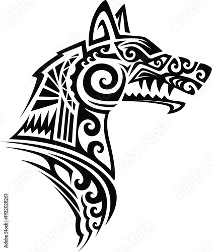 Maori animal tattoo of tribal wolf head with black lines, swirling pattern and geometric shapes. Vector fierce jackal or dog muzzle with pointed ears and jaw, strong animal emblem ethnic ornament