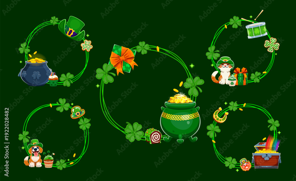 Obraz premium Happy St Patrick's day holiday festive frames and borders. Vector set of green circular wreaths made of shamrock clover, gold coins, Irish cartoon leprechaun cat and dog characters and pot of gold