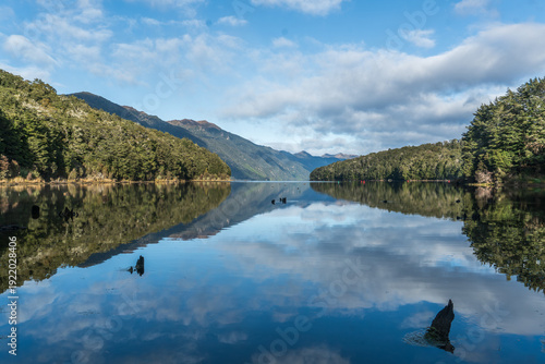Isolated forest enclosed Lake Monowai in Fiordland National Park