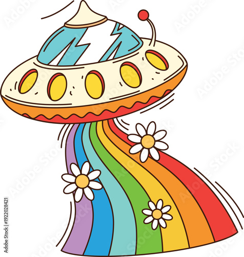 Space alien UFO cartoon groovy sticker or symbol. Cosmos invader retro hippie label, outer space groovy vector tag. Galaxy extraterrestrial life patch with alien UFO shooting rainbow colors beam