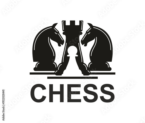 Chess game sport club championship monochrome icon or emblem. Chess sport emblem, chessboard competition vector icon. Business strategy and power sign with rook, pawn, and knights pieces silhouette